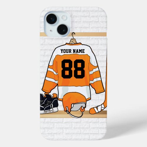 Personalized Orange and White Ice Hockey Jersey iPhone 15 Plus Case