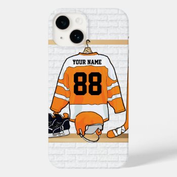 Personalized Orange And White Ice Hockey Jersey Case-mate Iphone 14 Case by giftsbonanza at Zazzle