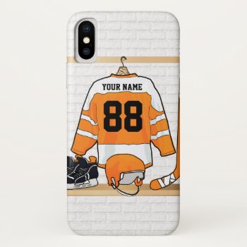 Personalized Orange And White Ice Hockey Jersey Iphone X Case by giftsbonanza at Zazzle