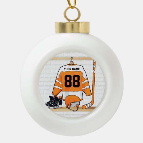 Personalized Orange and White Ice Hockey Jersey Ceramic Ball Christmas Ornament