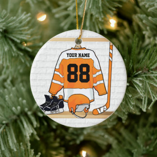 Personalized Orange and White Ice Hockey Jersey Ceramic Ornament