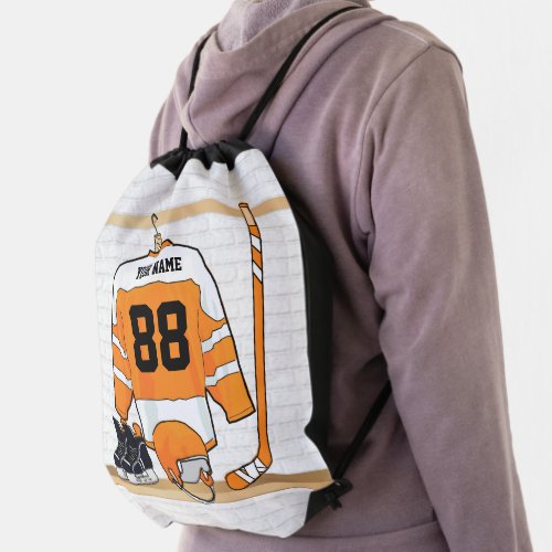 Personalized Orange and White Ice Hockey Jersey Drawstring Bag