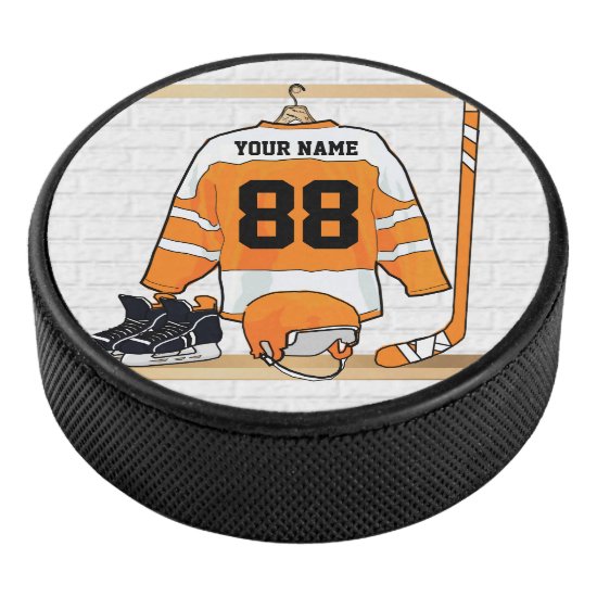 Personalized Orange and White Ice Hockey Jersey Hockey Puck