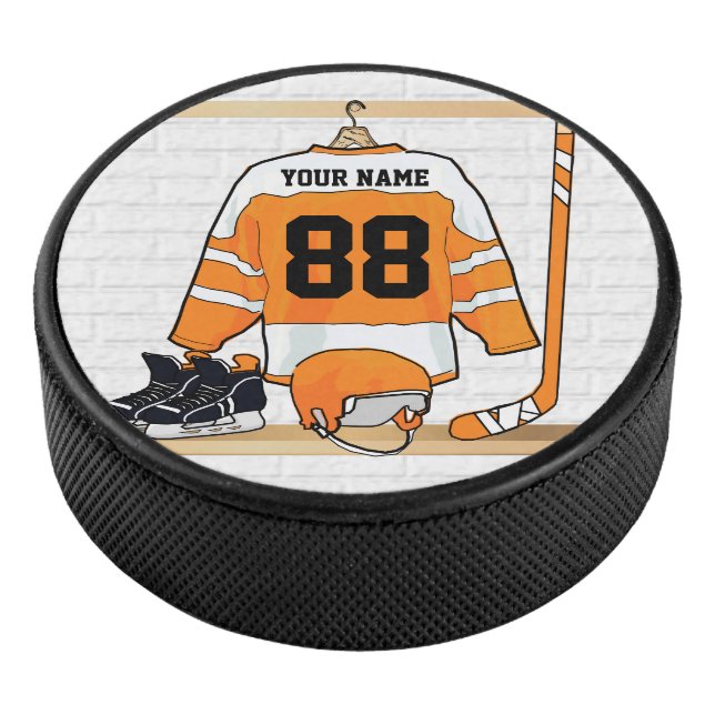 Personalized Orange and White Ice Hockey Jersey Hockey Puck (3/4)
