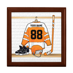 Personalized Orange and White Ice Hockey Jersey Keepsake Box