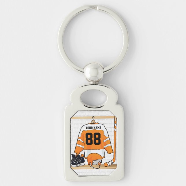 Personalized Orange and White Ice Hockey Jersey Keychain (Front)