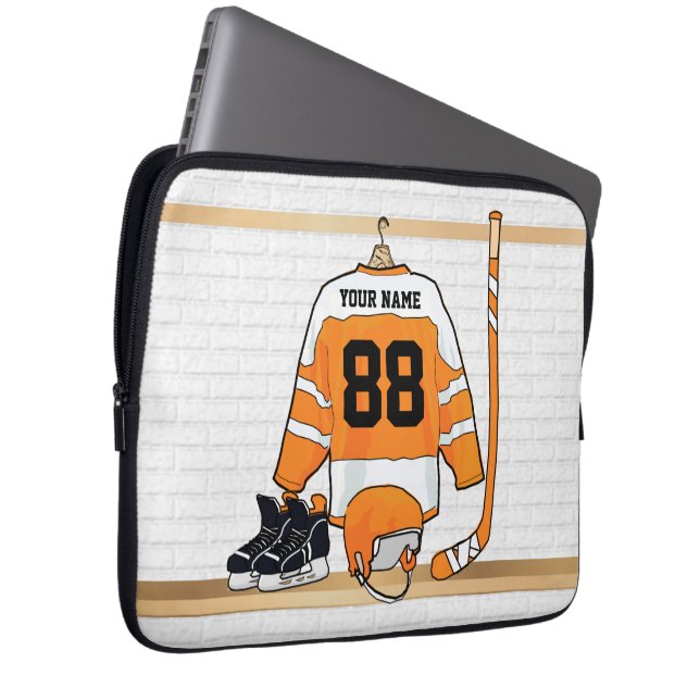Personalized Orange and White Ice Hockey Jersey Laptop Sleeve (Front Right)
