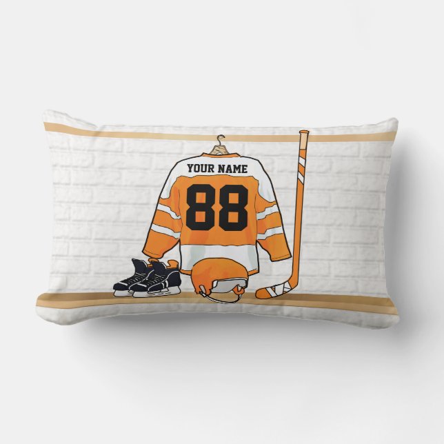 Personalized Orange and White Ice Hockey Jersey Lumbar Pillow (Front)