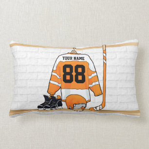 Personalized Orange and White Ice Hockey Jersey Lumbar Pillow