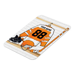 Personalized Orange and White Ice Hockey Jersey Magnet