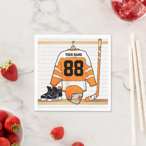 Personalized Orange and White Ice Hockey Jersey Napkins