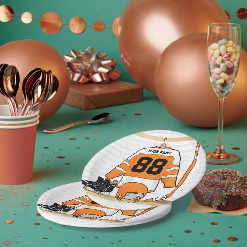 Personalized Orange and White Ice Hockey Jersey Paper Plates
