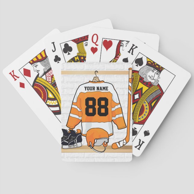 Personalized Orange and White Ice Hockey Jersey Poker Cards (Back)