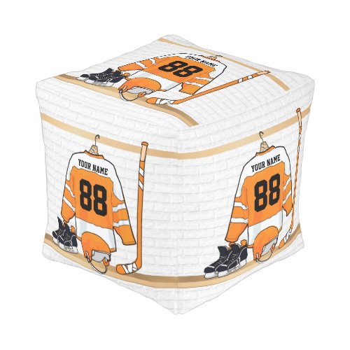 Personalized Orange and White Ice Hockey Jersey Pouf