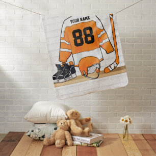 Personalized Orange and White Ice Hockey Jersey Receiving Blanket