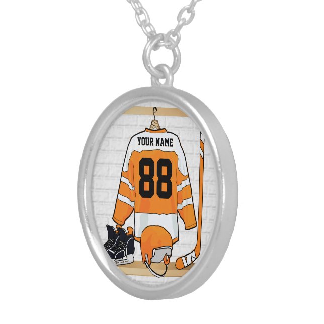 Personalized Orange and White Ice Hockey Jersey Silver Plated Necklace (Front Right)