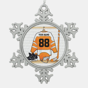 Personalized Orange and White Ice Hockey Jersey Snowflake Pewter Christmas Ornament