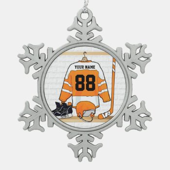 Personalized Orange And White Ice Hockey Jersey Snowflake Pewter Christmas Ornament by giftsbonanza at Zazzle