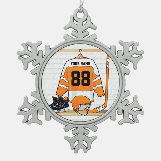 Personalized Orange and White Ice Hockey Jersey Snowflake Pewter Christmas Ornament (Front)