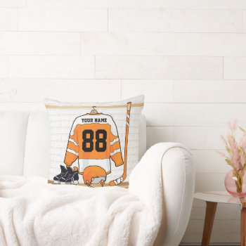 Personalized Orange And White Ice Hockey Jersey Throw Pillow by giftsbonanza at Zazzle