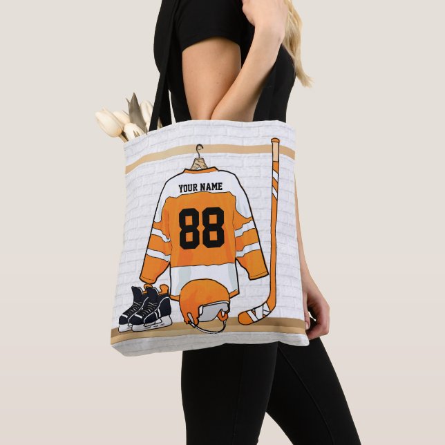 Personalized Orange and White Ice Hockey Jersey Tote Bag (Close Up)