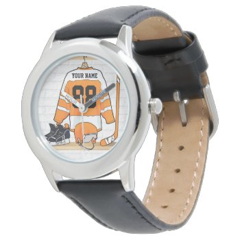 Personalized Orange And White Ice Hockey Jersey Watch by giftsbonanza at Zazzle