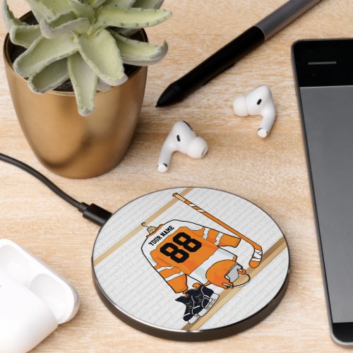 Personalized Orange and White Ice Hockey Jersey Wireless Charger