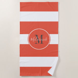 Personalized Orange And White Stripes Monogram Beach Towel