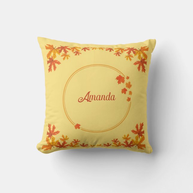 Personalized Orange Autumn Leaves Keepsake Throw Pillow (Front)