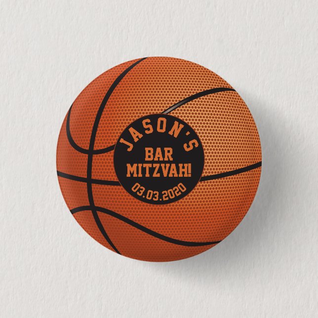 Personalized Orange Basketball Bar Mitzvah Favor Button (Front)