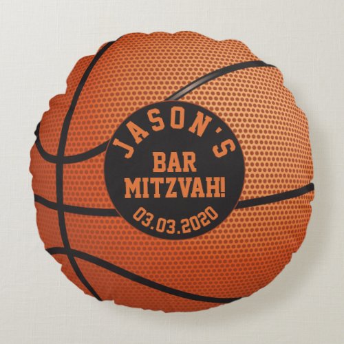 Personalized Orange Black Basketball Bar Mitzvah Round Pillow
