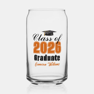 Personalized Orange Black Class of 2026 Graduation Can Glass