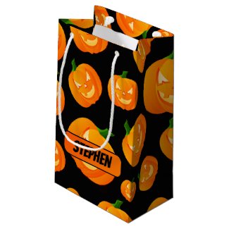 Personalized | Orange & Black Cute Cartoon Pumpkin Small Gift Bag
