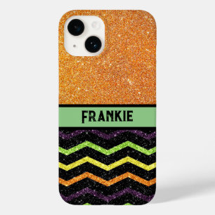 Personalized Orange & Black Glitter Zig Zag Case-Mate iPhone 14 Case