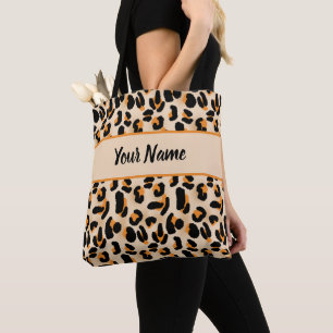 Personalized Orange & Black Leopard Print Tote Bag