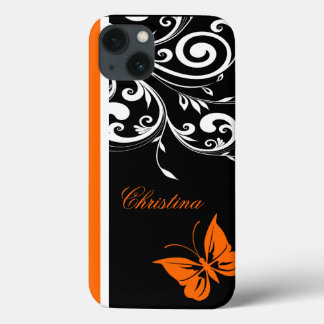 Personalized Orange Black white Butterfly Flourish iPhone 13 Case