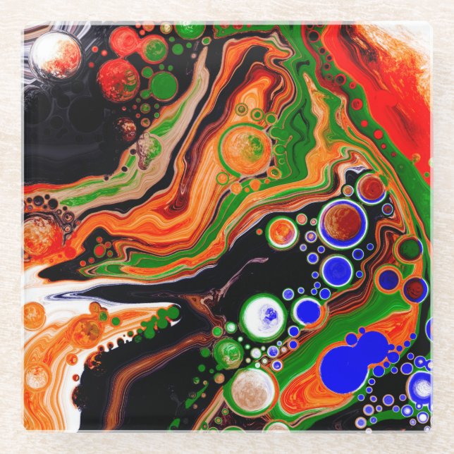 Personalized Orange, Blue, Green, Black Fluid Art  Glass Coaster (Front)