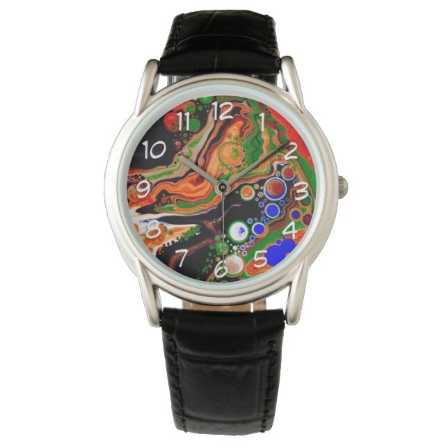 Personalized Orange, Blue, Green, Black Fluid Art  Watch (Front)