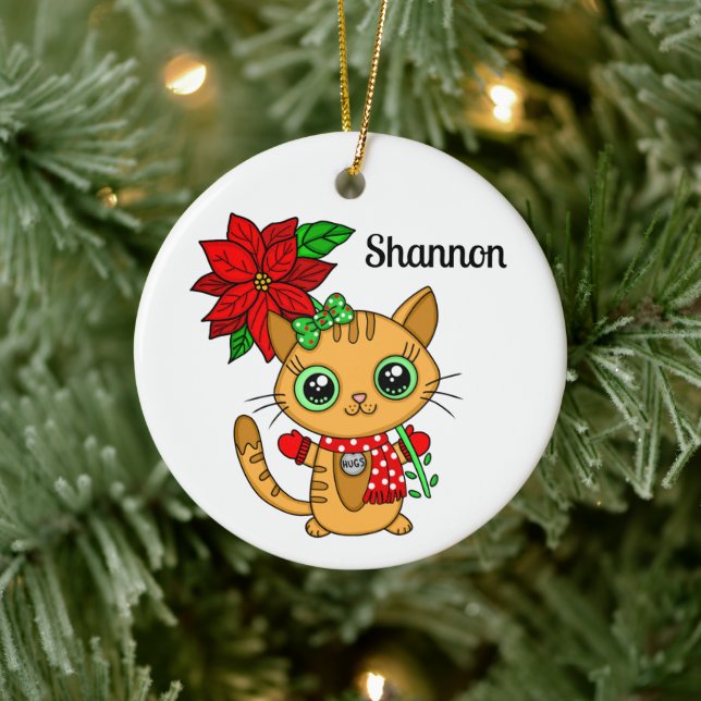 Personalized Orange Cat Holding a Poinsettia  Ceramic Ornament (Tree)