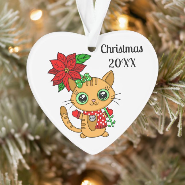 Personalized Orange Cat with Poinsettia Christmas Ornament (Tree)