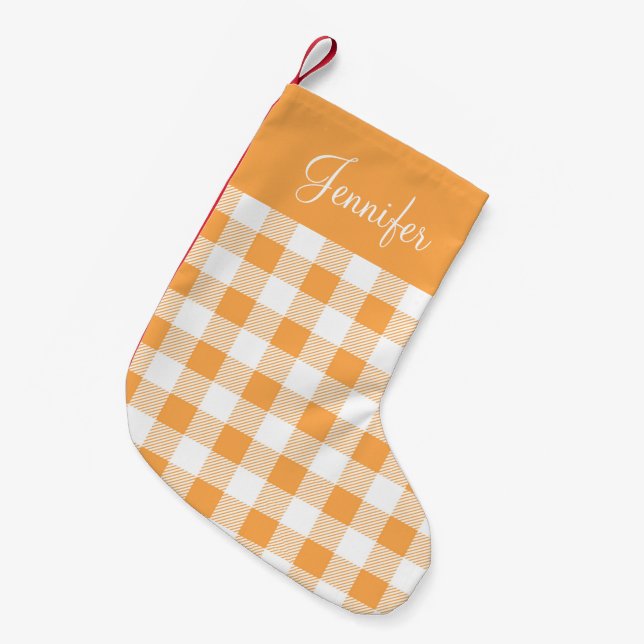Personalized Orange Checks Pattern Small Christmas Stocking (Front (Hanging))