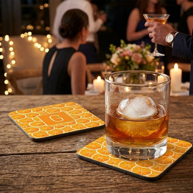 Personalized Orange Citrus Monogram Square Coaster (Creator Uploaded)