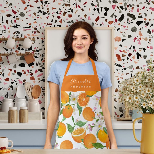 Personalized Orange Citrus Pattern Apron (Orange Citrus Watercolor Script Name Stylish Chef Apron)