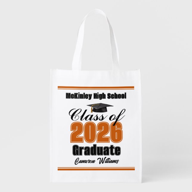 Personalized Orange Class of 2026 Graduation Party Grocery Bag (Front)