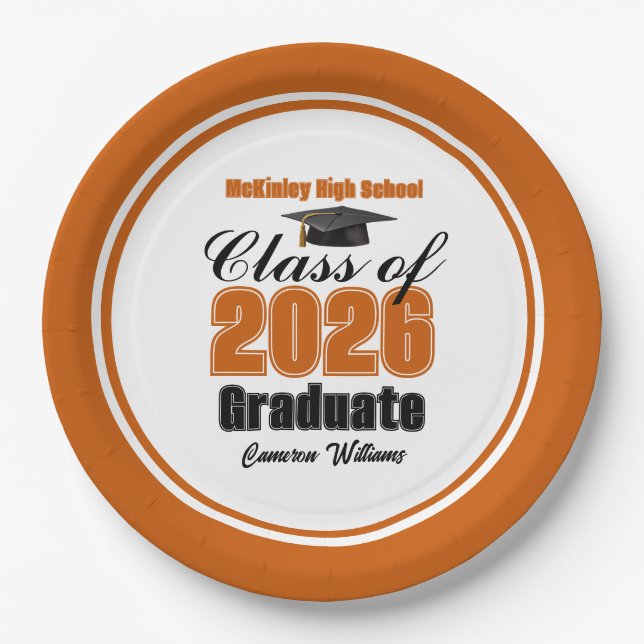 Personalized Orange Class of 2026 Graduation Party Paper Plates (Front)