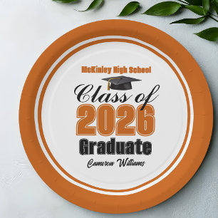 Personalized Orange Class of 2026 Graduation Party Paper Plates