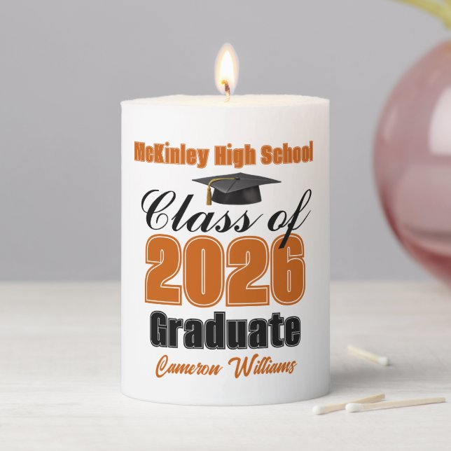 Personalized Orange Class of 2026 Graduation Party Pillar Candle (In Situ)