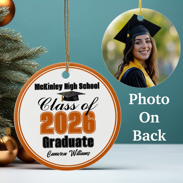 Personalized Orange Class of 2026 Graduation Photo Ceramic Ornament (Creator Uploaded)