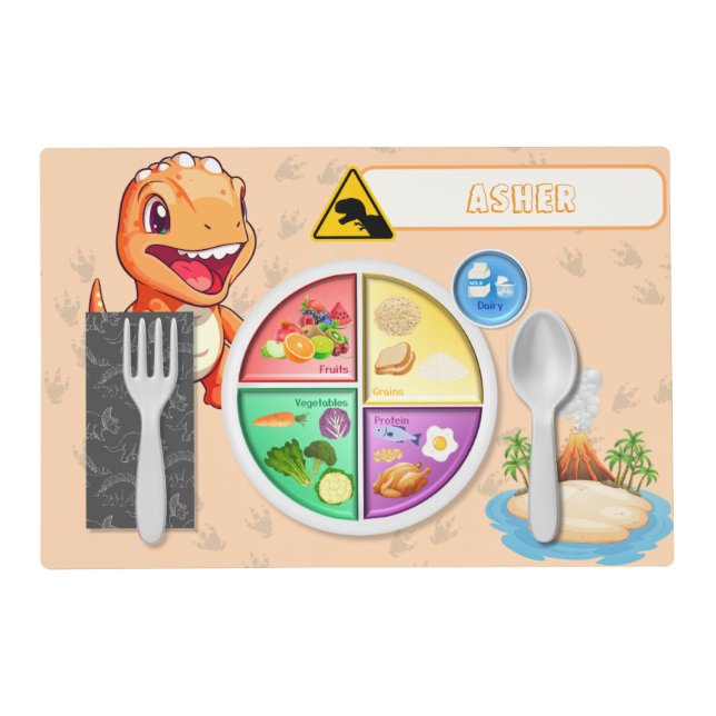 Personalized Orange Dinosaur Fun Learning Kids Placemat (Front)