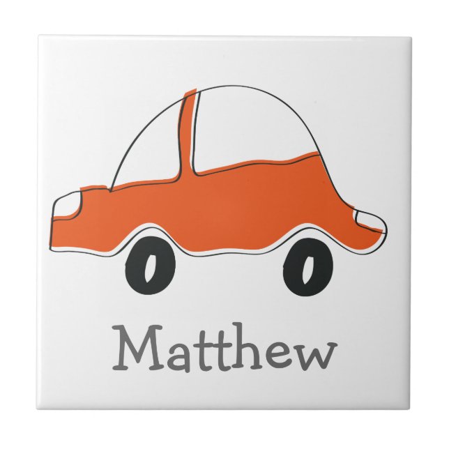 Personalized orange doodle car baby shower, kids ceramic tile (Front)